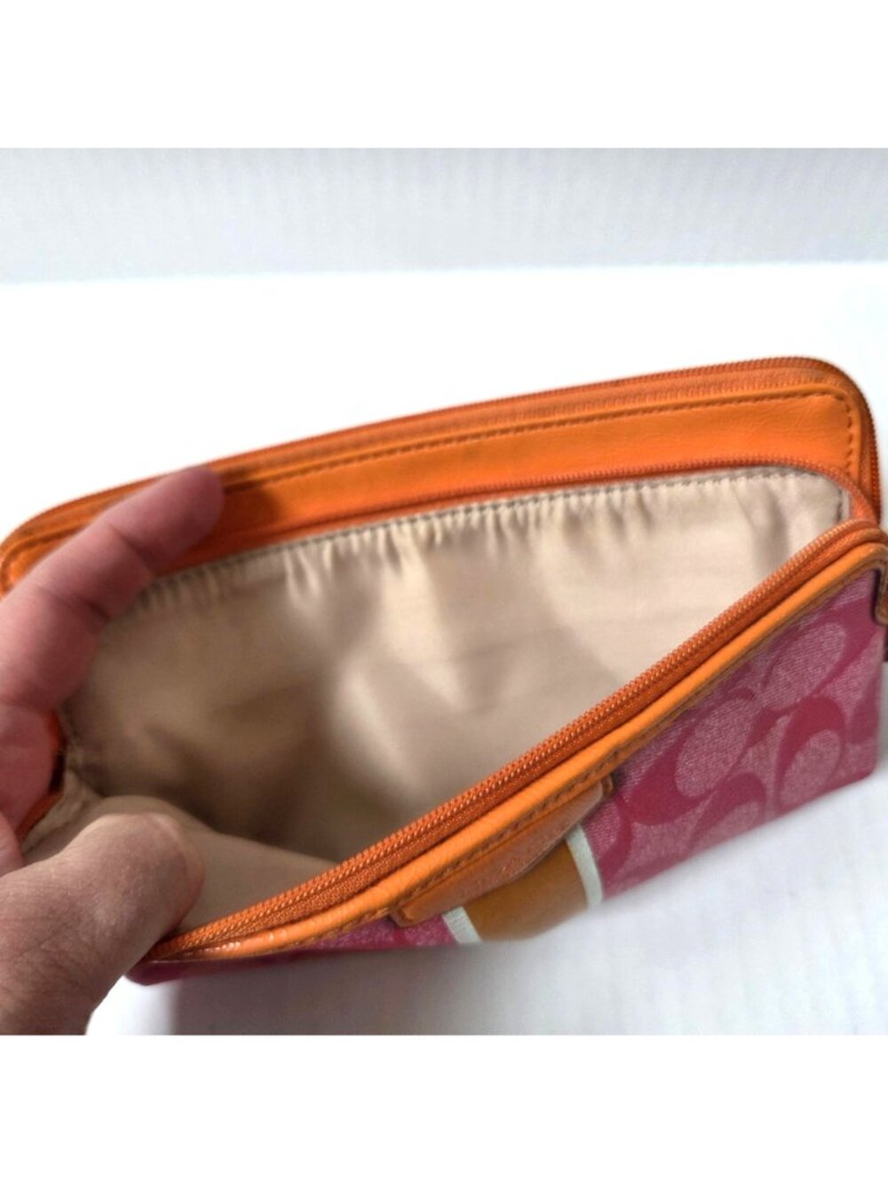 Coach Wallet Pink Orange Signature Stripe Coated Canvas Double Zip Wristlet - Picture 8 of 12